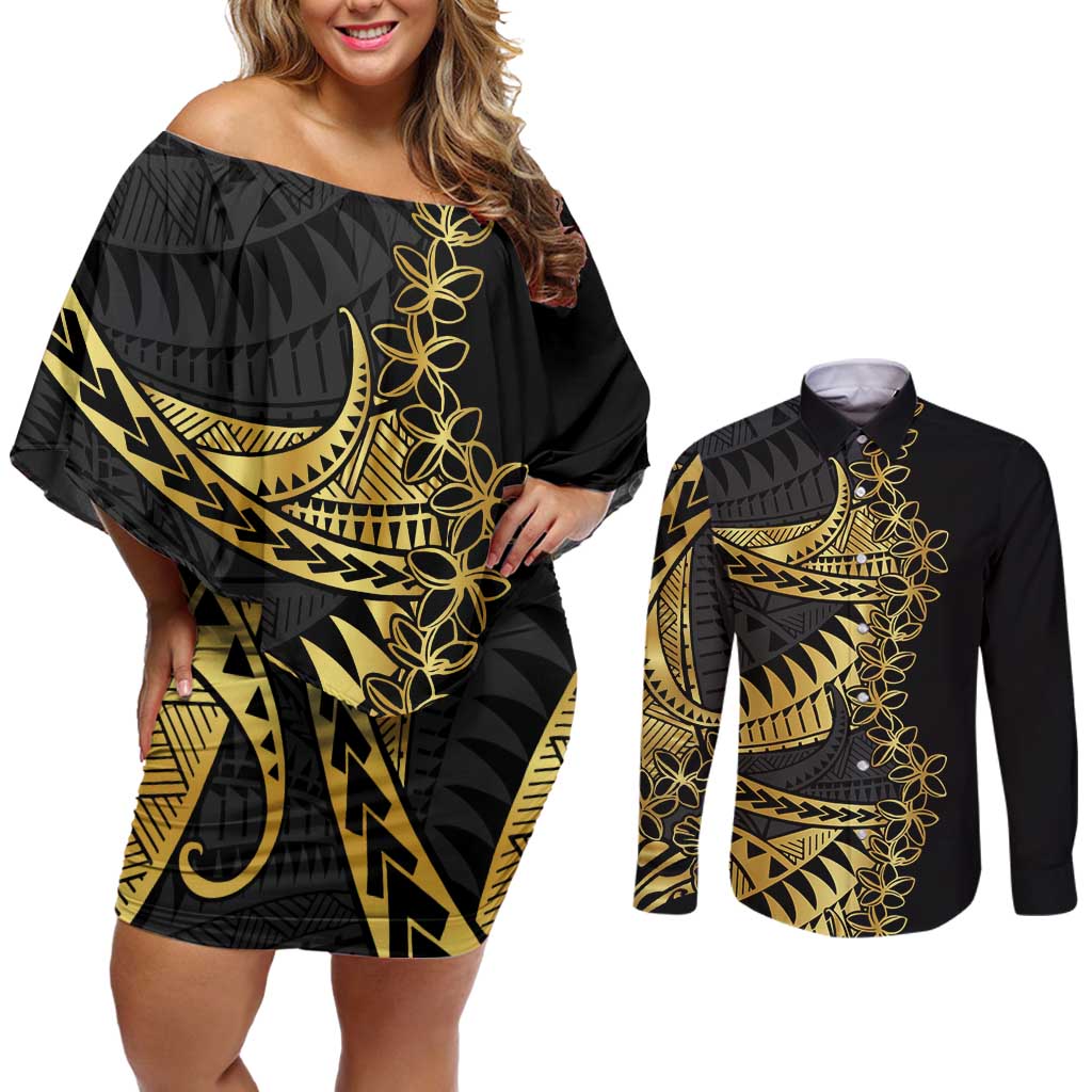 Polynesia Couples Matching Off Shoulder Short Dress and Long Sleeve Button Shirt Black & Gold Fancy Plumeria LT7 Black Gold - Polynesian Pride