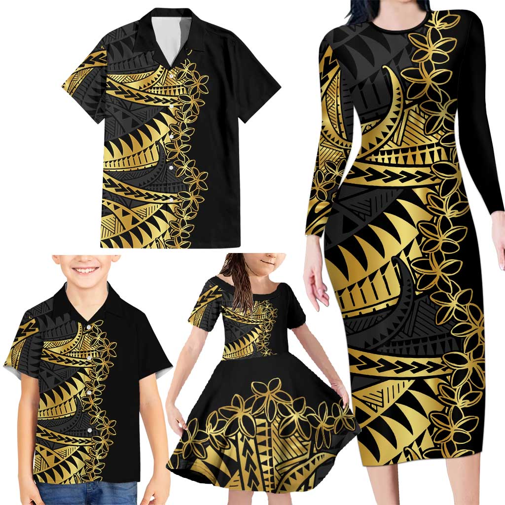 Polynesia Family Matching Long Sleeve Bodycon Dress and Hawaiian Shirt Black & Gold Fancy Plumeria LT7 - Polynesian Pride