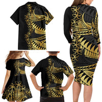 Polynesia Family Matching Long Sleeve Bodycon Dress and Hawaiian Shirt Black & Gold Fancy Plumeria LT7 - Polynesian Pride