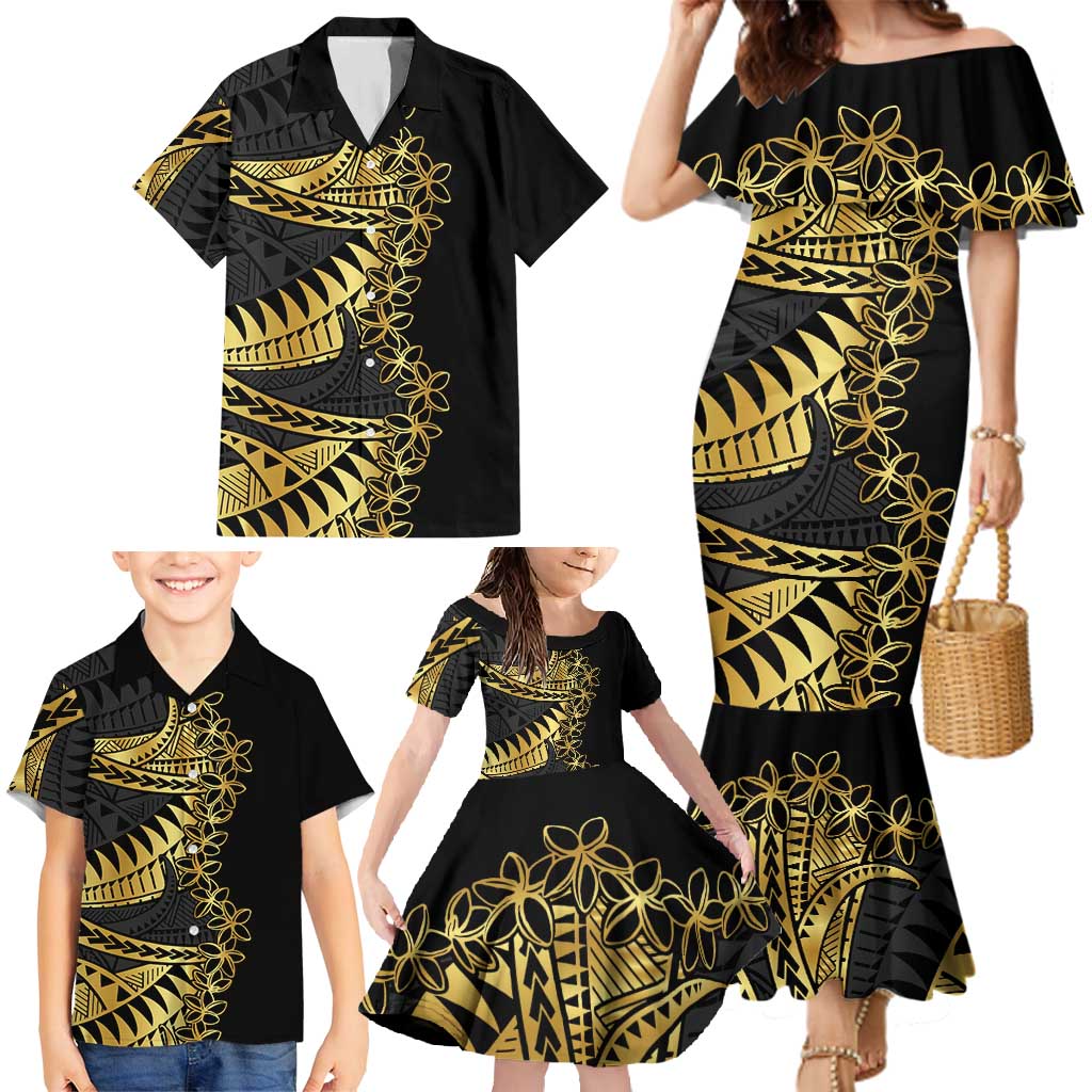 Polynesia Family Matching Mermaid Dress and Hawaiian Shirt Black & Gold Fancy Plumeria LT7 - Polynesian Pride