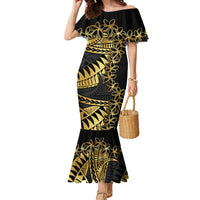 Polynesia Family Matching Mermaid Dress and Hawaiian Shirt Black & Gold Fancy Plumeria LT7 Mom's Dress Black Gold - Polynesian Pride