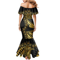 Polynesia Family Matching Mermaid Dress and Hawaiian Shirt Black & Gold Fancy Plumeria LT7 - Polynesian Pride