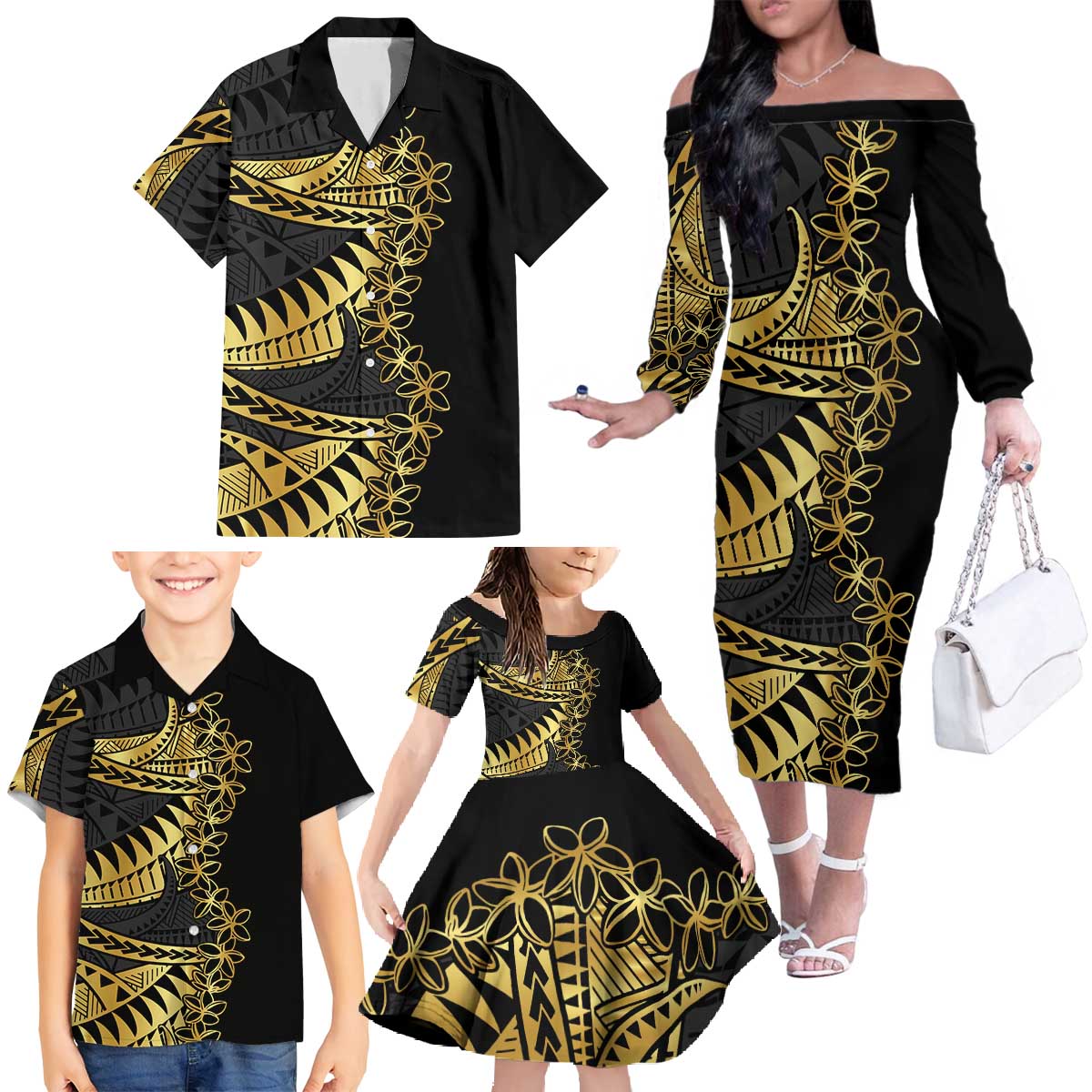 Polynesia Family Matching Off The Shoulder Long Sleeve Dress and Hawaiian Shirt Black & Gold Fancy Plumeria LT7 - Polynesian Pride