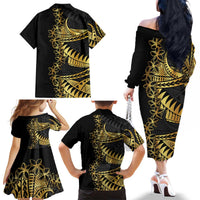 Polynesia Family Matching Off The Shoulder Long Sleeve Dress and Hawaiian Shirt Black & Gold Fancy Plumeria LT7 - Polynesian Pride