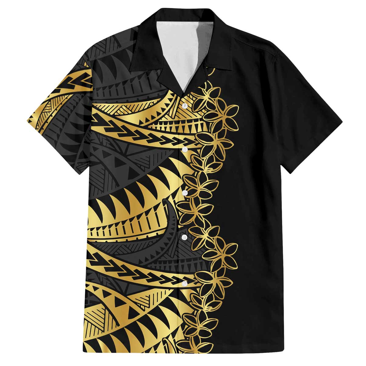 Polynesia Family Matching Off The Shoulder Long Sleeve Dress and Hawaiian Shirt Black & Gold Fancy Plumeria LT7 Dad's Shirt - Short Sleeve Black Gold - Polynesian Pride