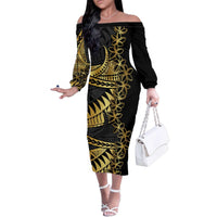 Polynesia Family Matching Off The Shoulder Long Sleeve Dress and Hawaiian Shirt Black & Gold Fancy Plumeria LT7 Mom's Dress Black Gold - Polynesian Pride