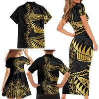Polynesia Family Matching Short Sleeve Bodycon Dress and Hawaiian Shirt Black & Gold Fancy Plumeria LT7 - Polynesian Pride