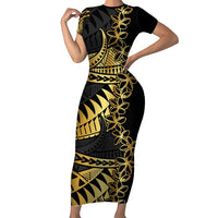 Polynesia Family Matching Short Sleeve Bodycon Dress and Hawaiian Shirt Black & Gold Fancy Plumeria LT7 Mom's Dress Black Gold - Polynesian Pride