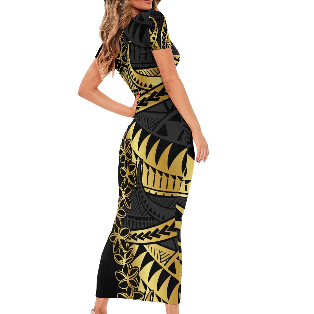 Polynesia Family Matching Short Sleeve Bodycon Dress and Hawaiian Shirt Black & Gold Fancy Plumeria LT7 - Polynesian Pride