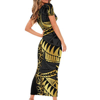 Polynesia Family Matching Short Sleeve Bodycon Dress and Hawaiian Shirt Black & Gold Fancy Plumeria LT7 - Polynesian Pride