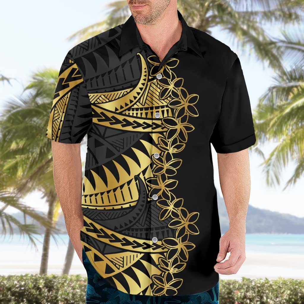 Polynesia Hawaiian Shirt Black & Gold Fancy Plumeria