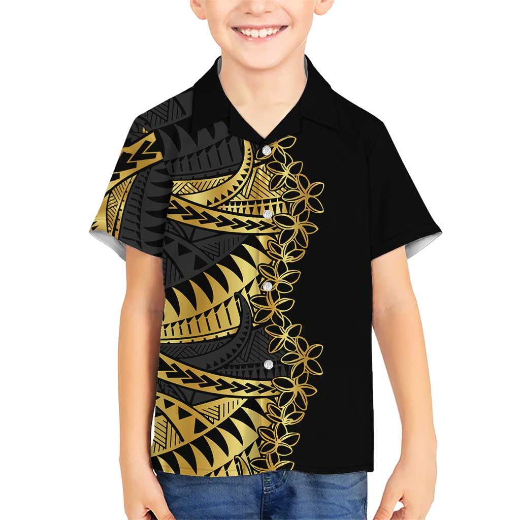 Polynesia Kid Hawaiian Shirt Black & Gold Fancy Plumeria