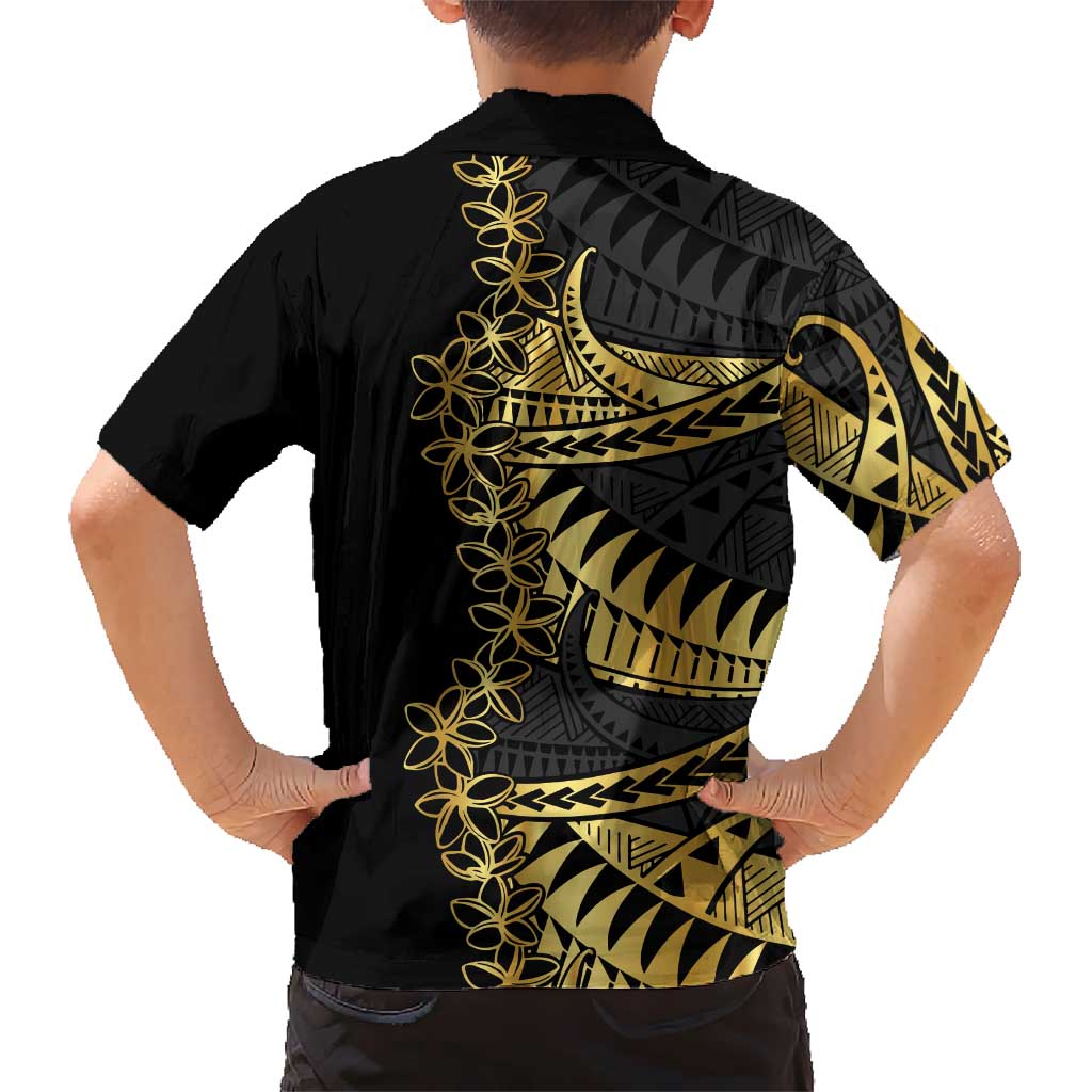 Polynesia Kid Hawaiian Shirt Black & Gold Fancy Plumeria
