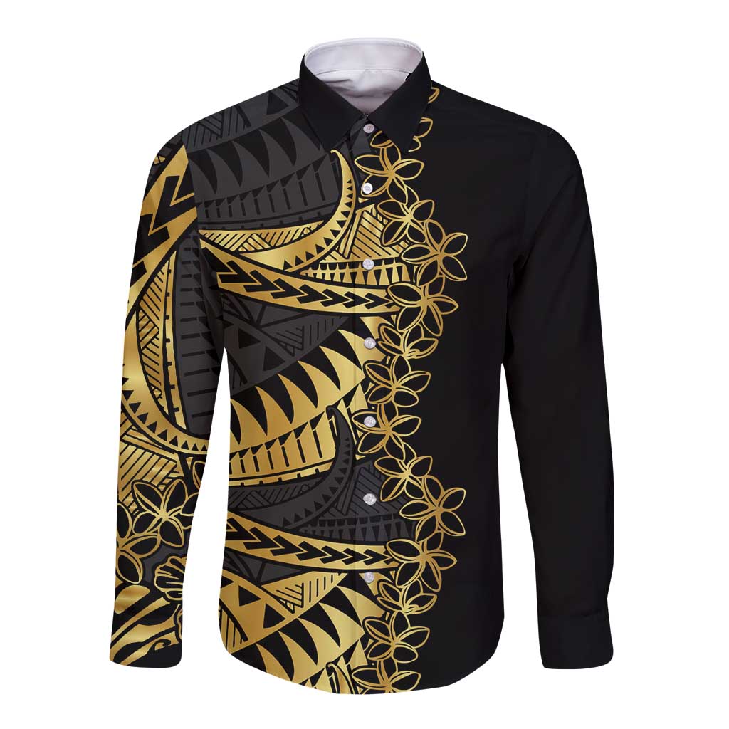 Polynesia Long Sleeve Button Shirt Black & Gold Fancy Plumeria LT7 Unisex Black Gold - Polynesian Pride