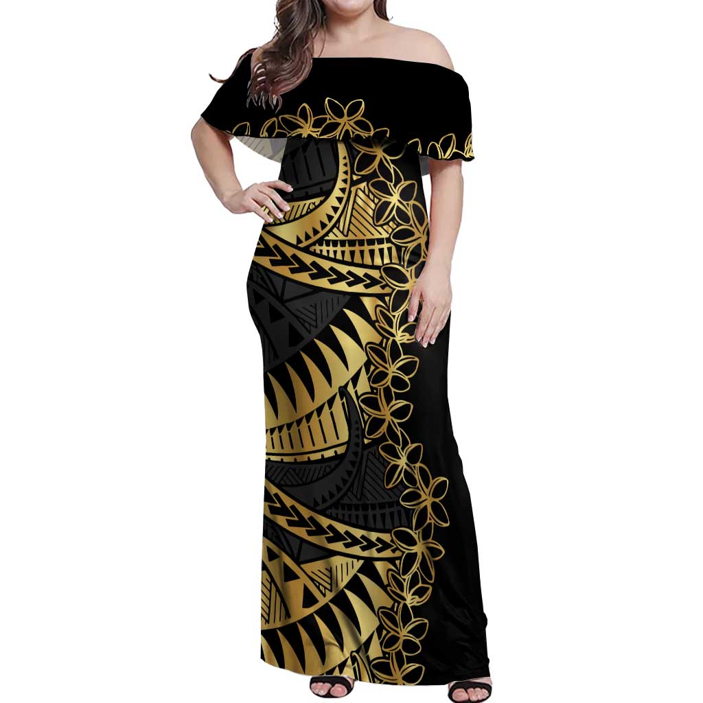 Polynesia Off Shoulder Maxi Dress Black & Gold Fancy Plumeria LT7 Women Black Gold - Polynesian Pride
