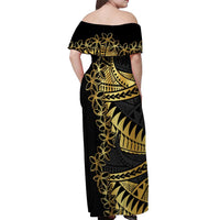 Polynesia Off Shoulder Maxi Dress Black & Gold Fancy Plumeria