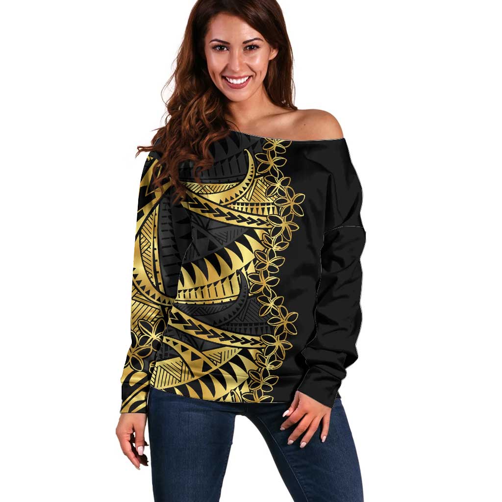 Polynesia Off Shoulder Sweater Black & Gold Fancy Plumeria LT7 Women Black Gold - Polynesian Pride