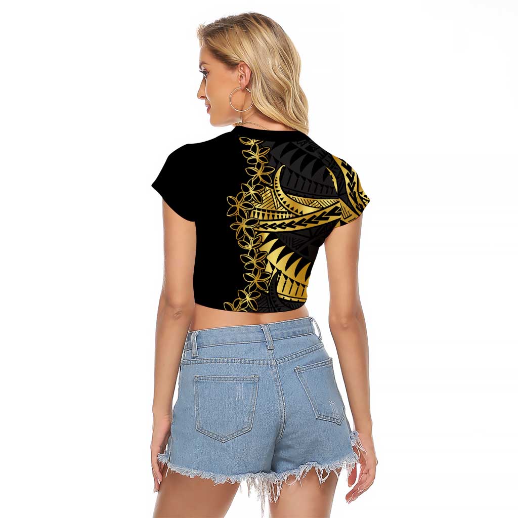 Polynesia Raglan Cropped T Shirt Black & Gold Fancy Plumeria