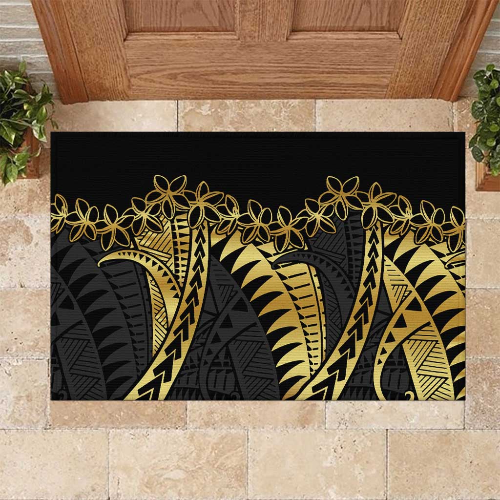 Polynesia Rubber Doormat Black & Gold Fancy Plumeria