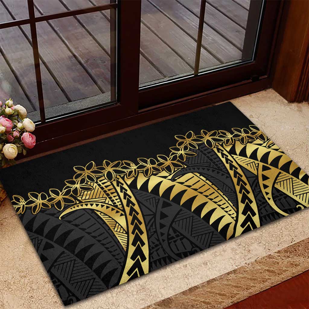 Polynesia Rubber Doormat Black & Gold Fancy Plumeria