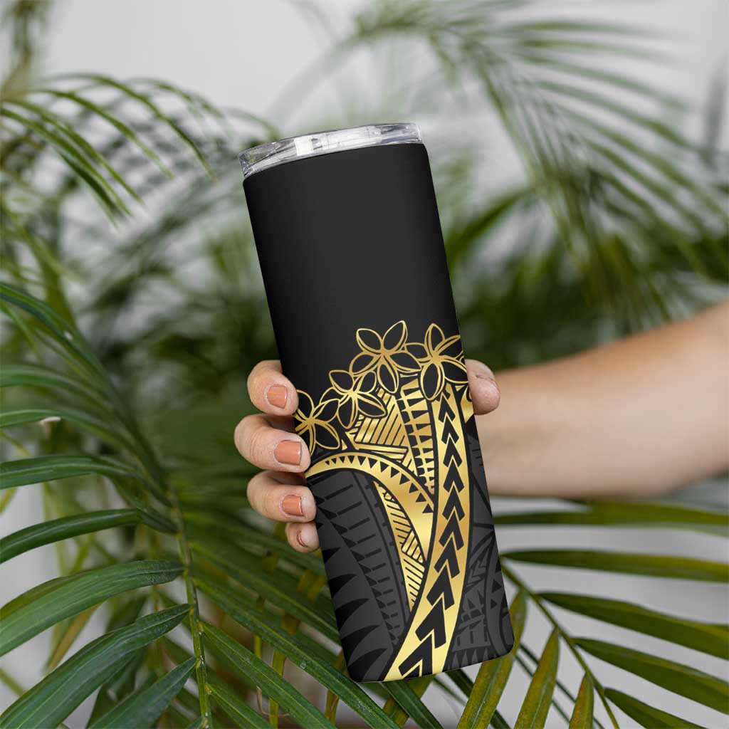 Polynesia Personalised Skinny Tumbler Black & Gold Fancy Plumeria LT7 - Polynesian Pride