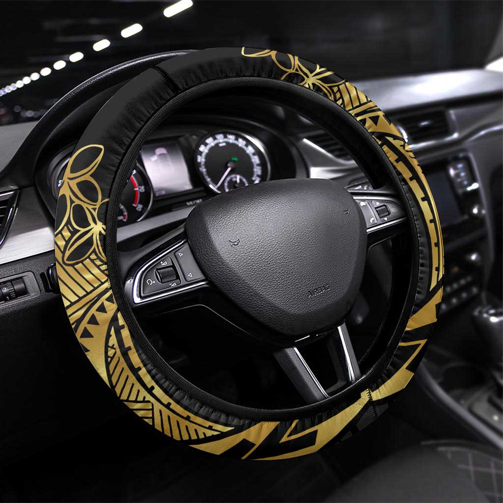 Polynesia Steering Wheel Cover Black & Gold Fancy Plumeria LT7 Universal Fit Black Gold - Polynesian Pride