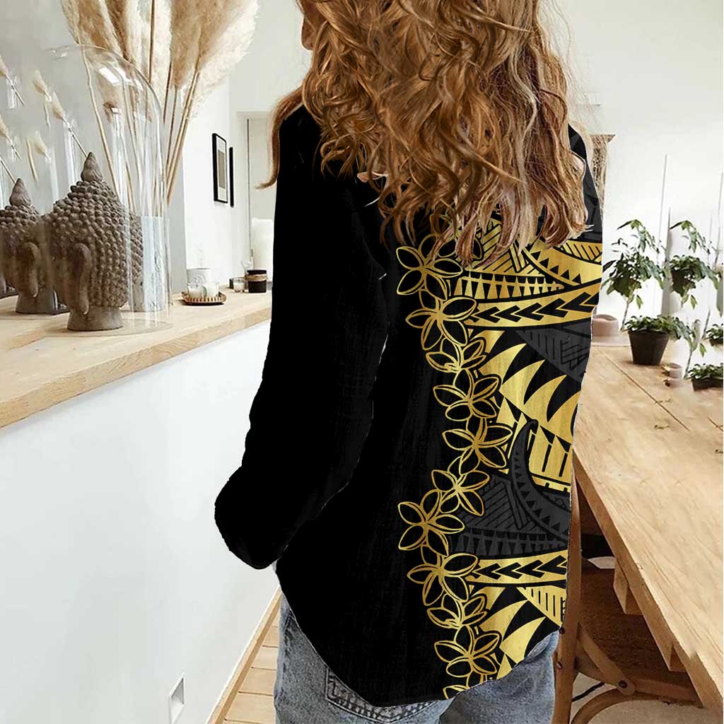 Polynesia Women Casual Shirt Black & Gold Fancy Plumeria
