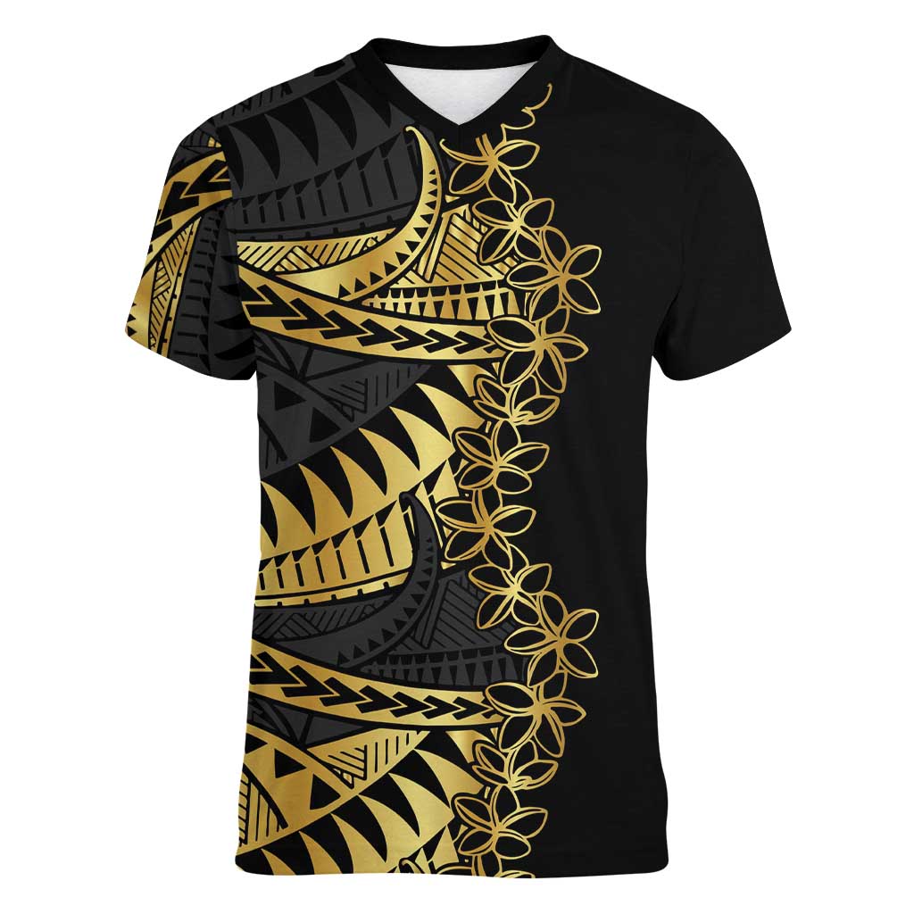 Polynesia Women V-Neck T-Shirt Black & Gold Fancy Plumeria