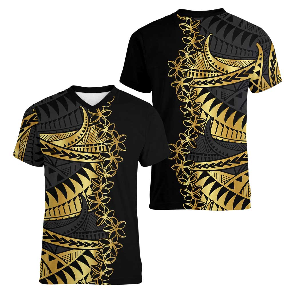 Polynesia Women V-Neck T-Shirt Black & Gold Fancy Plumeria