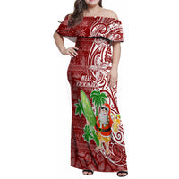 Hawaii Christmas Mele Kalikimaka Family Matching Off Shoulder Maxi Dress and Hawaiian Shirt Santa Claus LT7 Mom's Dress Red - Polynesian Pride