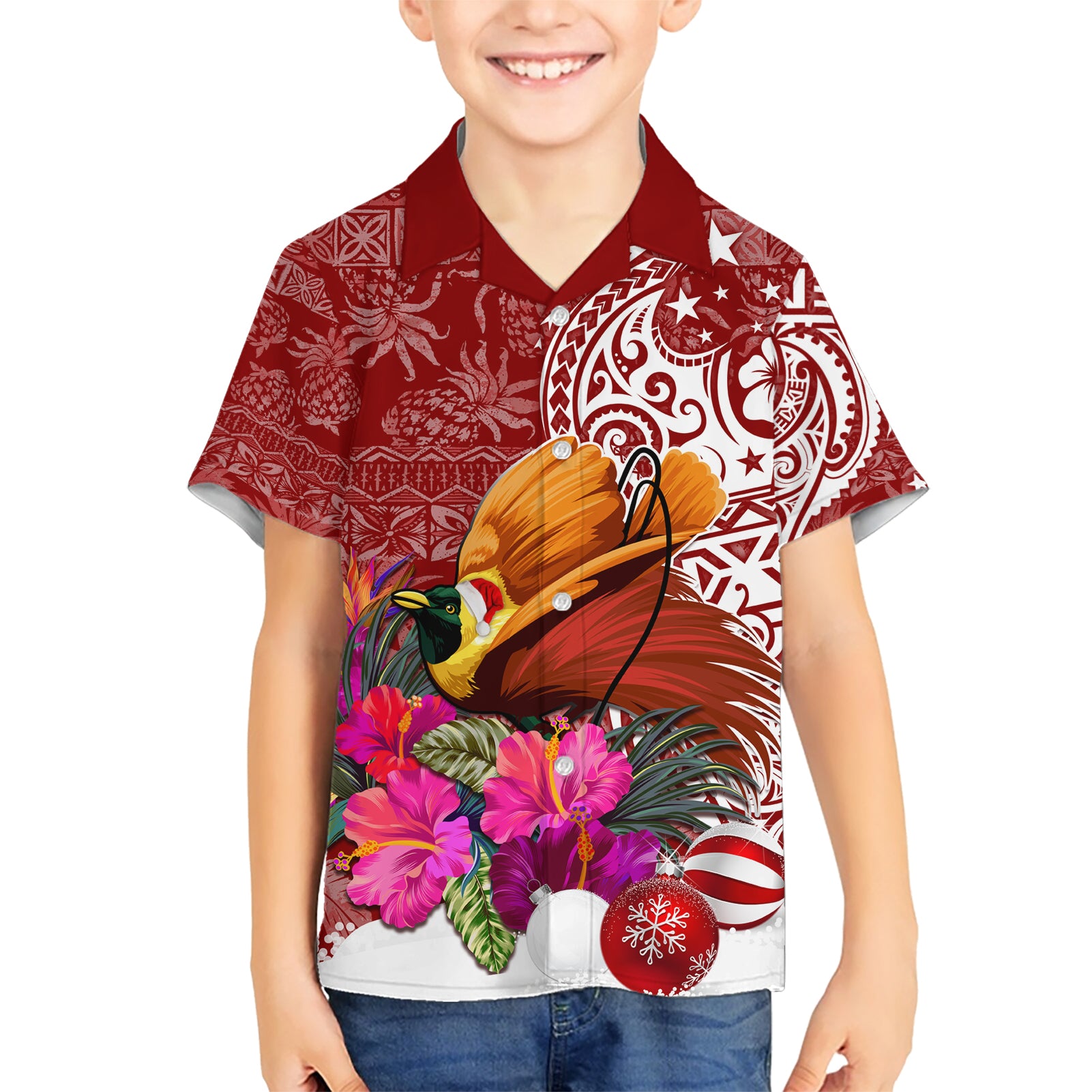 Papua New Guinea Christmas Kid Hawaiian Shirt Bird-of-Paradise Special LT7 Kid Red - Polynesian Pride