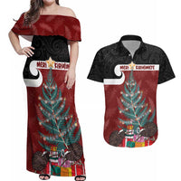 Personalised New Zealand Maori Christmas Couples Matching Off Shoulder Maxi Dress and Hawaiian Shirt Xmas Fern Mix Kowhawhai LT7 Black - Polynesian Pride
