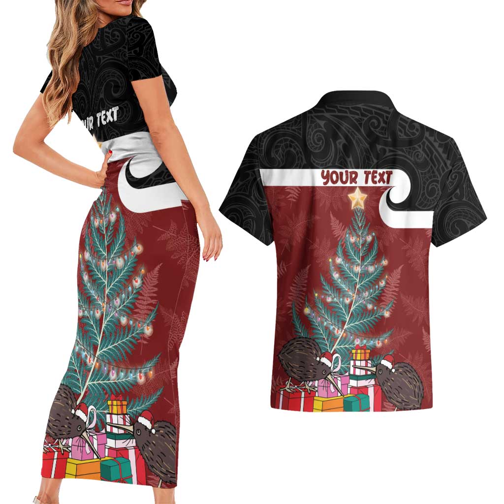 Personalised New Zealand Maori Christmas Couples Matching Short Sleeve Bodycon Dress and Hawaiian Shirt Xmas Fern Mix Kowhawhai LT7 - Polynesian Pride