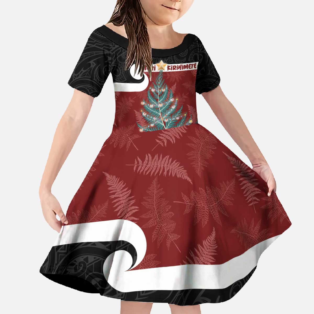 Personalised New Zealand Maori Christmas Family Matching Off The Shoulder Long Sleeve Dress and Hawaiian Shirt Xmas Fern Mix Kowhawhai LT7 Daughter's Dress Black - Polynesian Pride
