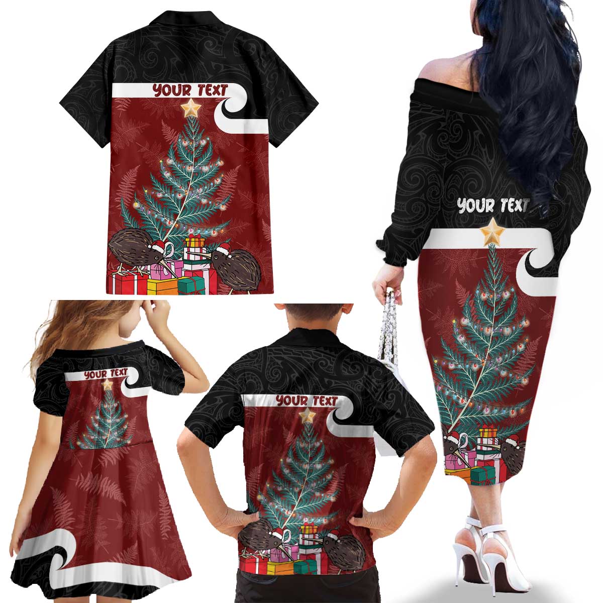 Personalised New Zealand Maori Christmas Family Matching Off The Shoulder Long Sleeve Dress and Hawaiian Shirt Xmas Fern Mix Kowhawhai LT7 - Polynesian Pride