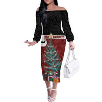 Personalised New Zealand Maori Christmas Family Matching Off The Shoulder Long Sleeve Dress and Hawaiian Shirt Xmas Fern Mix Kowhawhai LT7 Mom's Dress Black - Polynesian Pride