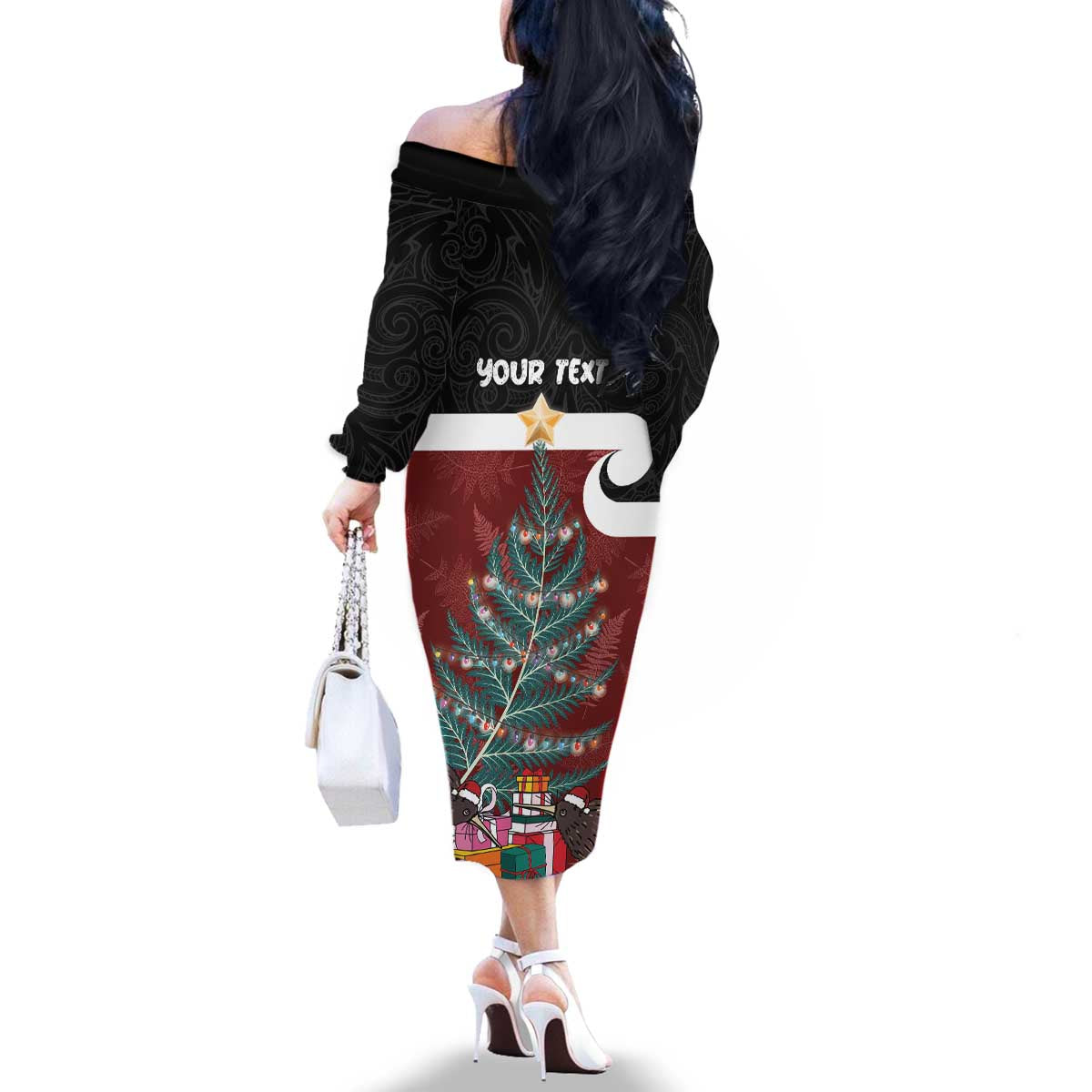 Personalised New Zealand Maori Christmas Family Matching Off The Shoulder Long Sleeve Dress and Hawaiian Shirt Xmas Fern Mix Kowhawhai LT7 - Polynesian Pride