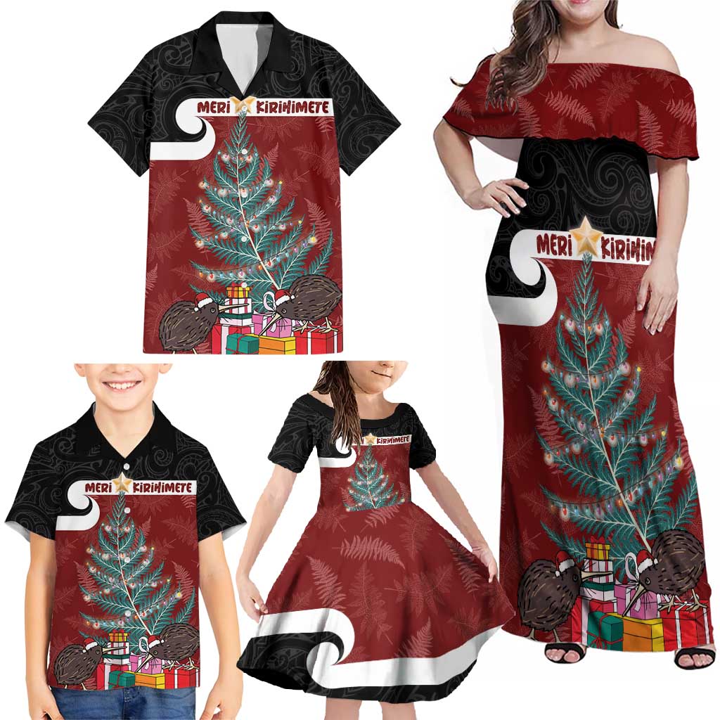 Personalised New Zealand Maori Christmas Family Matching Off Shoulder Maxi Dress and Hawaiian Shirt Xmas Fern Mix Kowhawhai LT7 - Polynesian Pride