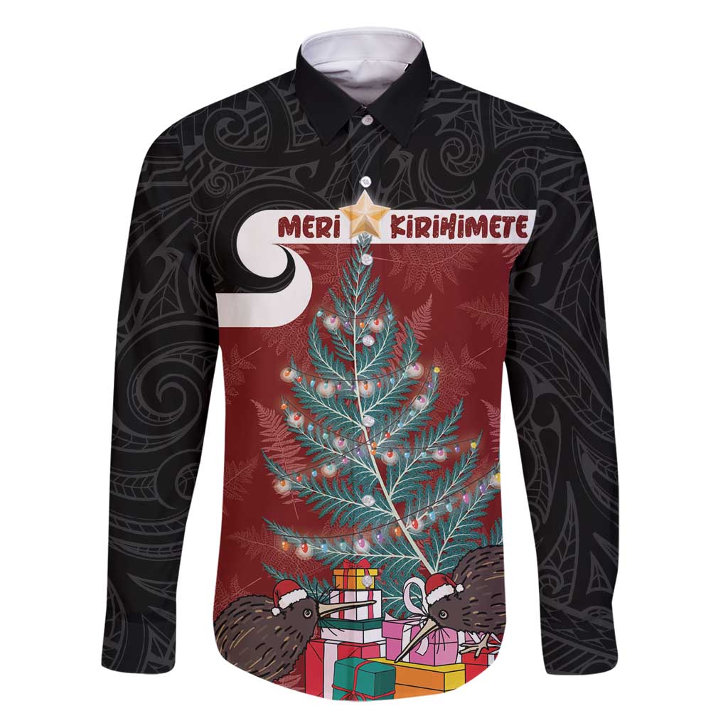 Personalised New Zealand Maori Christmas Family Matching Off Shoulder Maxi Dress and Hawaiian Shirt Xmas Fern Mix Kowhawhai LT7 Dad's Shirt - Long Sleeve Black - Polynesian Pride