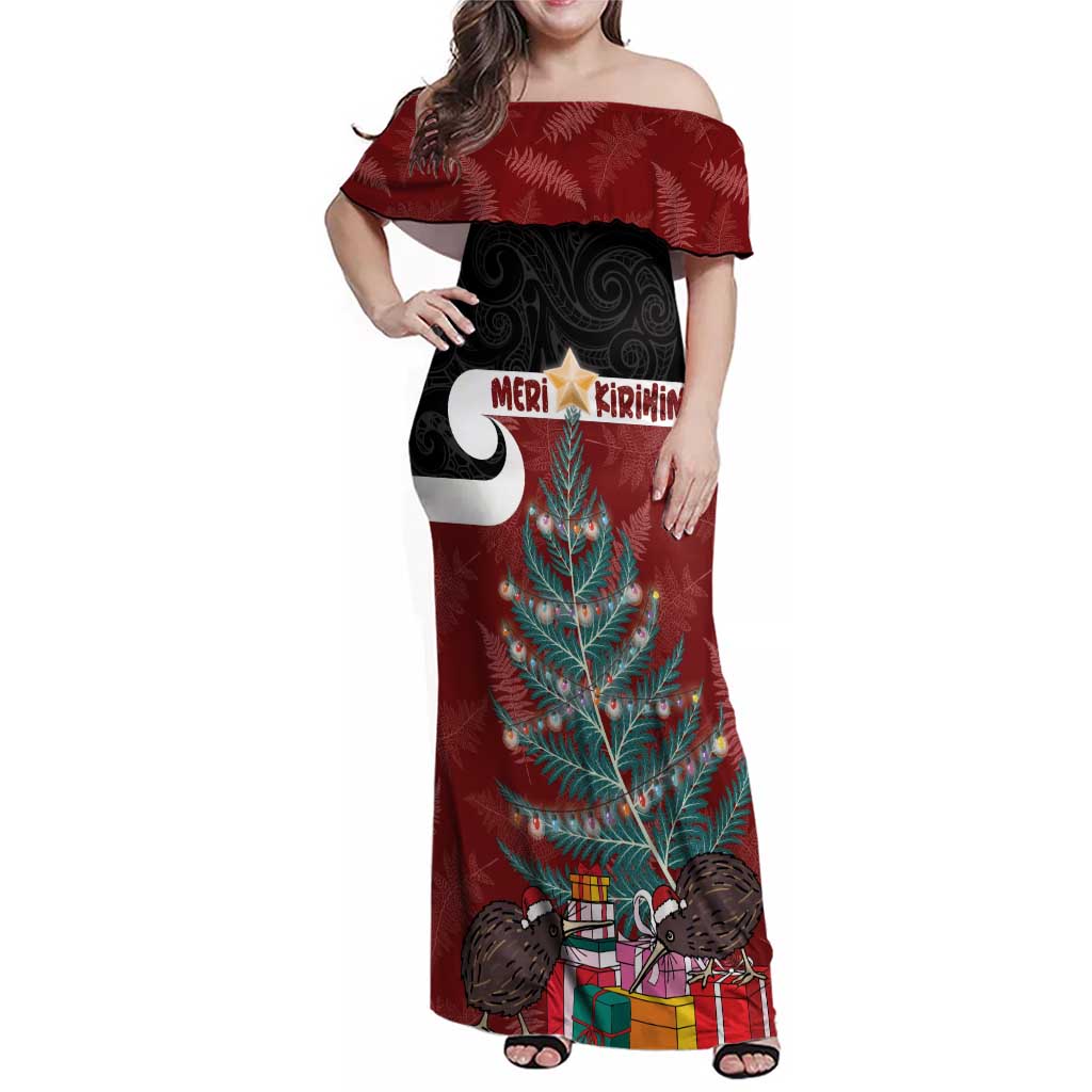 Personalised New Zealand Maori Christmas Family Matching Off Shoulder Maxi Dress and Hawaiian Shirt Xmas Fern Mix Kowhawhai LT7 Mom's Dress Black - Polynesian Pride