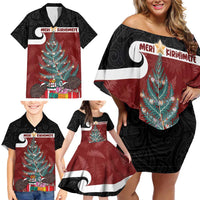 Personalised New Zealand Maori Christmas Family Matching Off Shoulder Short Dress and Hawaiian Shirt Xmas Fern Mix Kowhawhai LT7 - Polynesian Pride