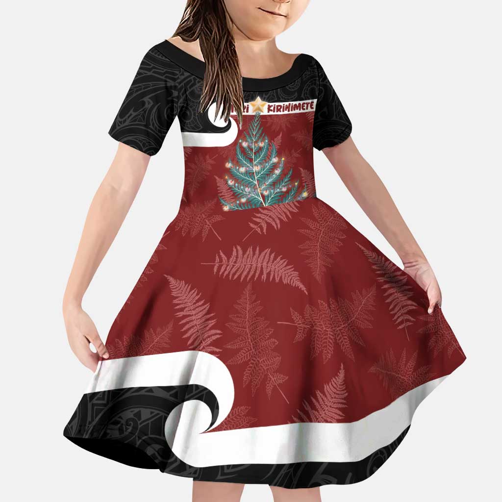 Personalised New Zealand Maori Christmas Family Matching Puletasi and Hawaiian Shirt Xmas Fern Mix Kowhawhai LT7 Daughter's Dress Black - Polynesian Pride