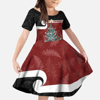 Personalised New Zealand Maori Christmas Family Matching Puletasi and Hawaiian Shirt Xmas Fern Mix Kowhawhai LT7 Daughter's Dress Black - Polynesian Pride