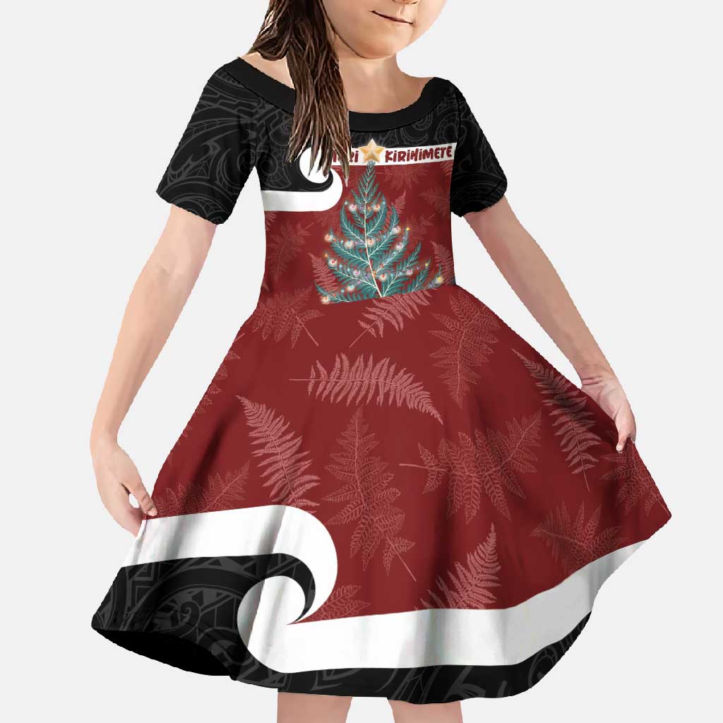 Personalised New Zealand Maori Christmas Family Matching Short Sleeve Bodycon Dress and Hawaiian Shirt Xmas Fern Mix Kowhawhai LT7 Daughter's Dress Black - Polynesian Pride