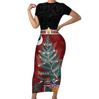 Personalised New Zealand Maori Christmas Family Matching Short Sleeve Bodycon Dress and Hawaiian Shirt Xmas Fern Mix Kowhawhai LT7 Mom's Dress Black - Polynesian Pride