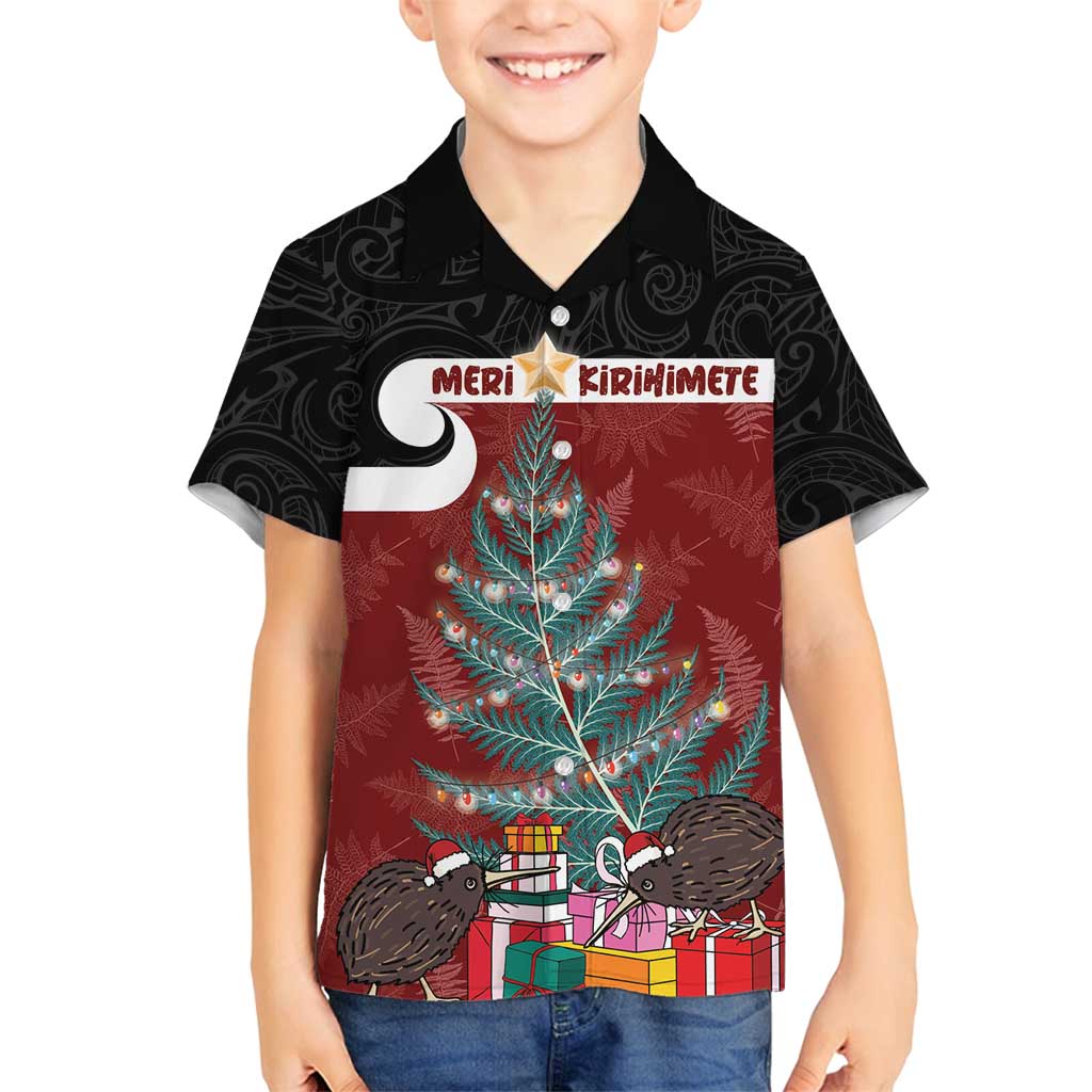 Personalised New Zealand Maori Christmas Family Matching Tank Maxi Dress and Hawaiian Shirt Xmas Fern Mix Kowhawhai LT7 Son's Shirt Black - Polynesian Pride
