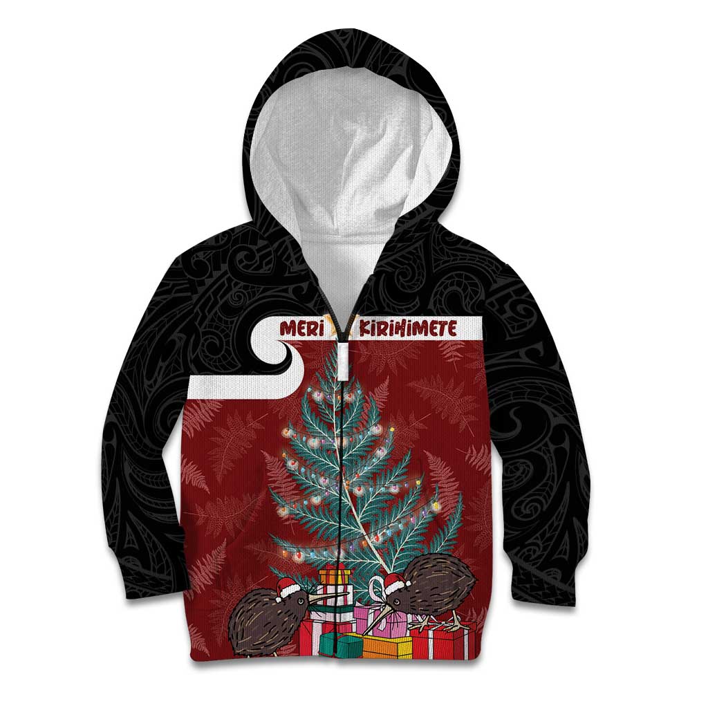Personalised New Zealand Maori Christmas Kid Hoodie Xmas Fern Mix Kowhawhai LT7 Zip Hoodie Black - Polynesian Pride