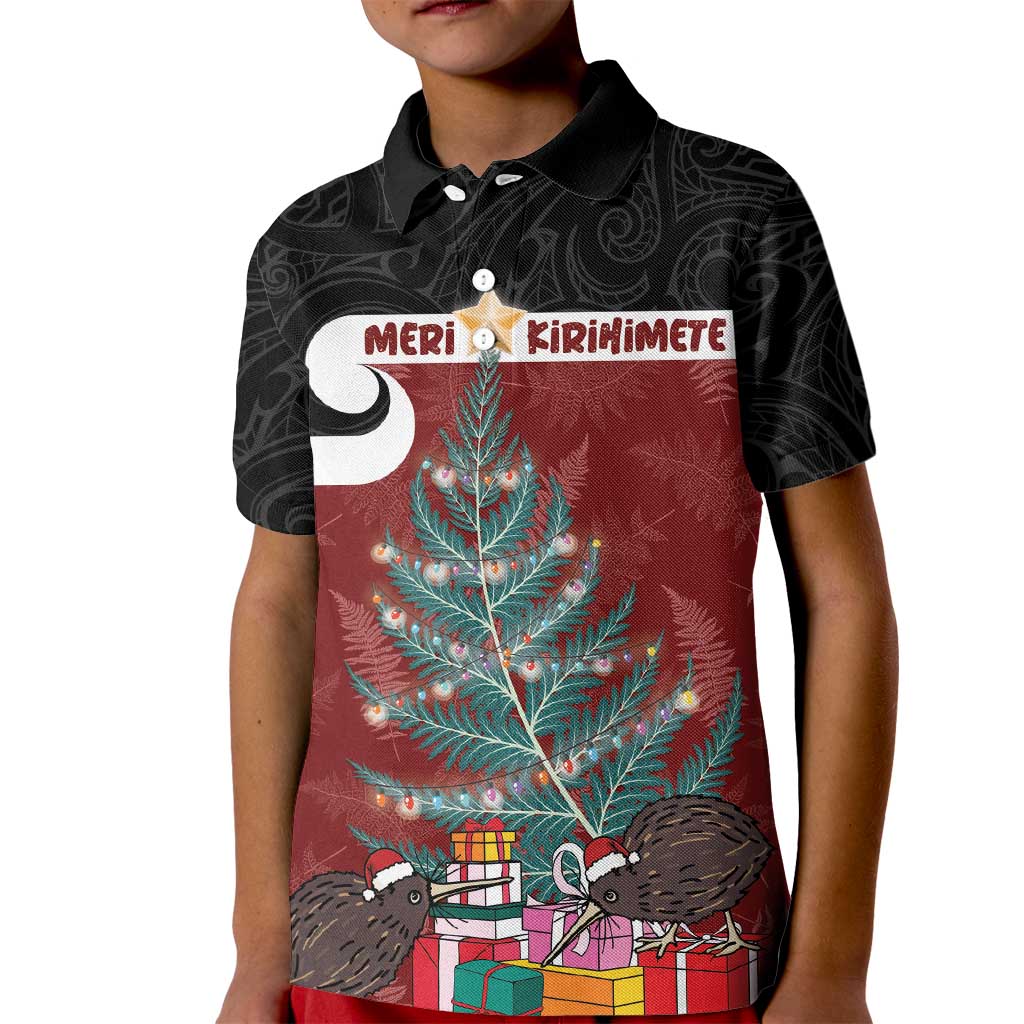 Personalised New Zealand Maori Christmas Kid Polo Shirt Xmas Fern Mix Kowhawhai LT7 Kid Black - Polynesian Pride