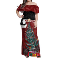 Personalised New Zealand Maori Christmas Off Shoulder Maxi Dress Xmas Fern Mix Kowhawhai LT7 Women Black - Polynesian Pride
