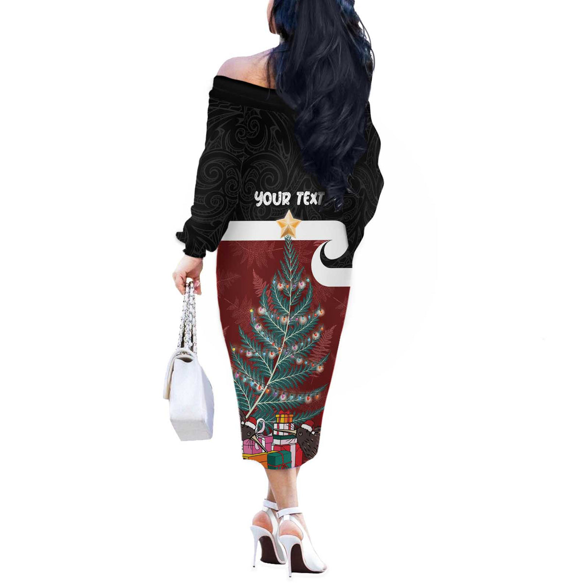 Personalised New Zealand Maori Christmas Off The Shoulder Long Sleeve Dress Xmas Fern Mix Kowhawhai LT7 - Polynesian Pride